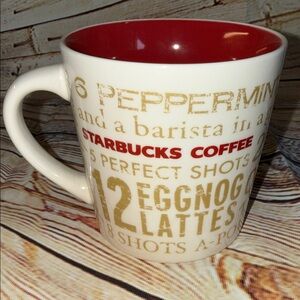 Starbucks White and Red Coffee Mug with Gold Accents